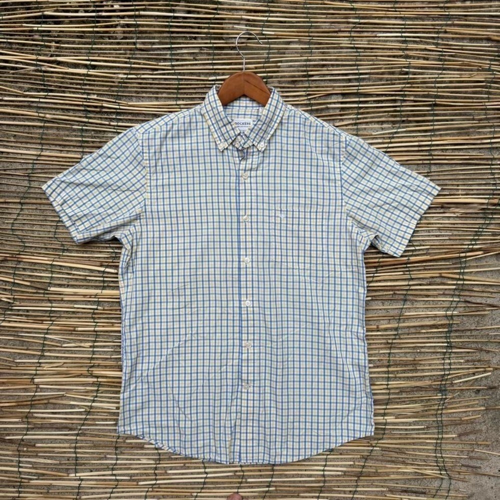 Dockers Plaid Short‎ Sleeve Button Down Shirt Mens Medium Blue Yellow